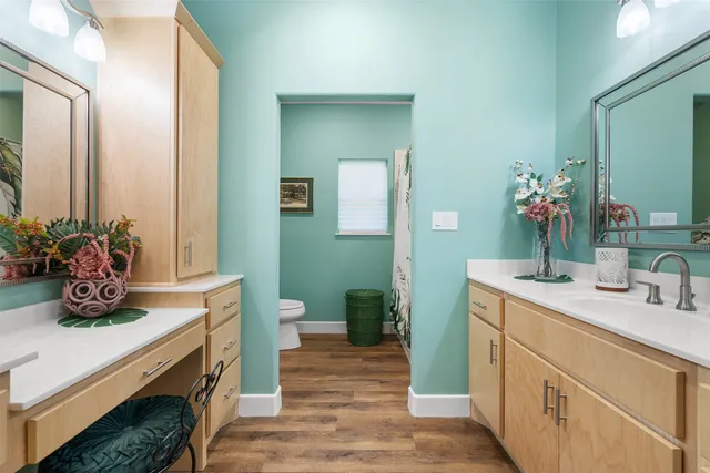 a bathroom with a double vanity sink mirror and toilet