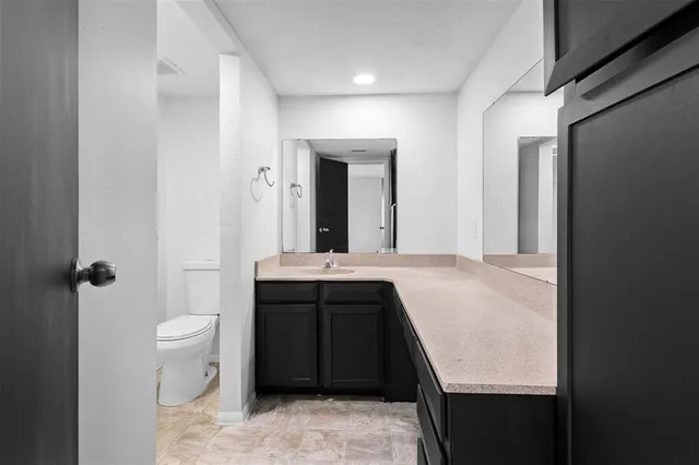 a bathroom with a sink a toilet and a mirror