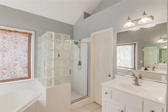 a bathroom with a double vanity sink a large mirror a shower and a bathtub