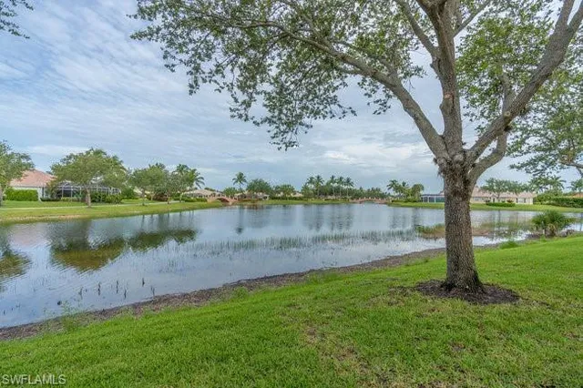 a view of a lake with a big yard and large trees