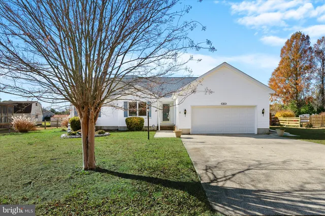 a view of a yard in front of a house with a large tree
