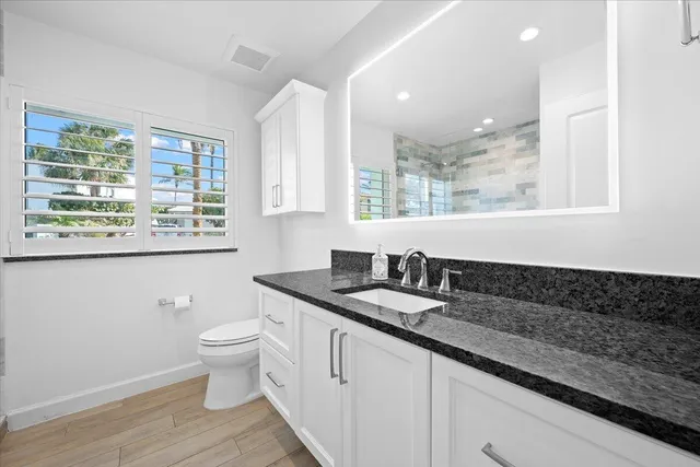 a bathroom with a shower and a toilet