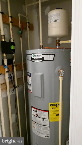 a room with water heater and utility racks