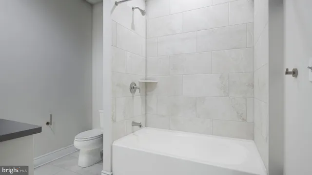 a bathroom with a bathtub and a toilet