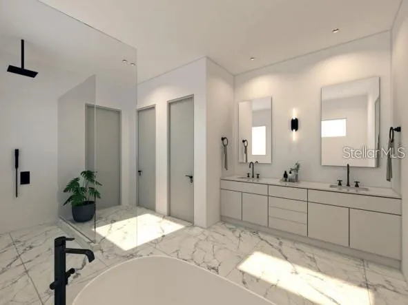 a spacious bathroom with a sink and a mirror