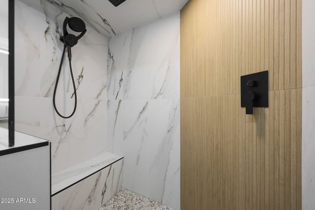 a bathroom with a shower and a toilet