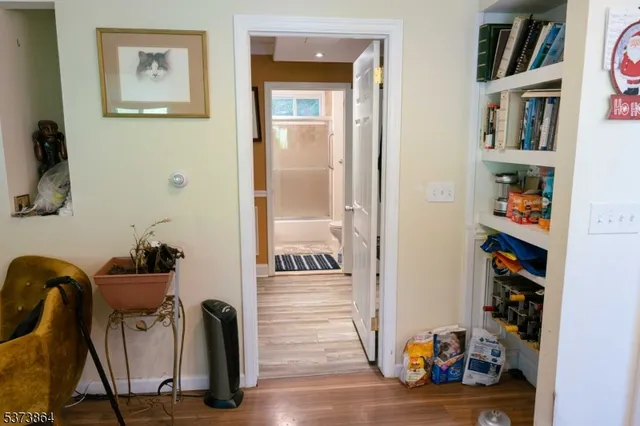 a view of a hallway with wooden floor and furniture