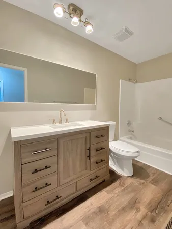a bathroom with a sink a toilet and a mirror
