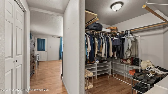 a view of walk in closet with clothes and shoes