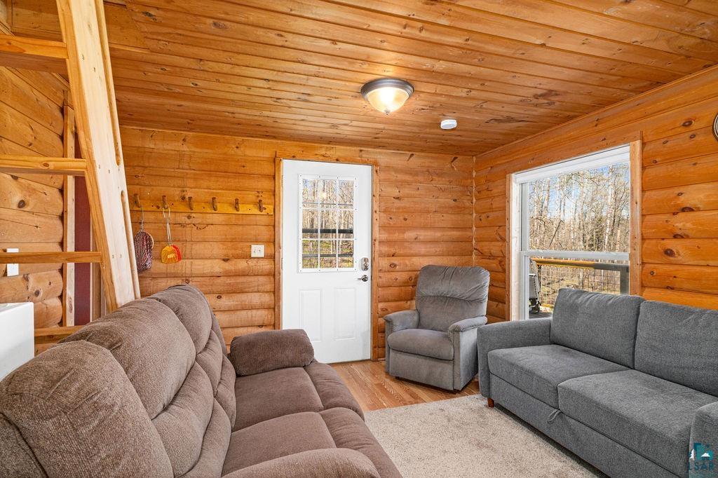 20663 Hardwood Loop Finlayson, MN 55735 - Photo 11 of 36 Wood-paneled interior featuring a large window, a partial wooden ladder, and a flush-mount ceiling light