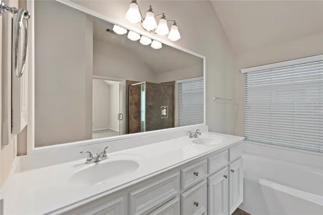 a bathroom with a double vanity sink and a mirror