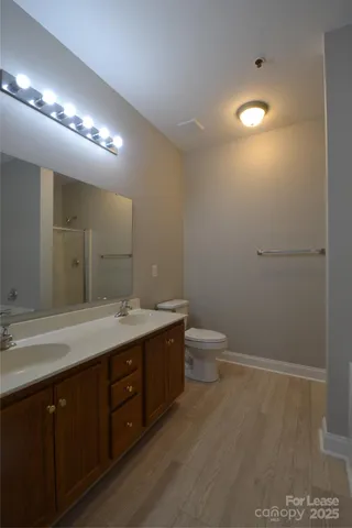 a bathroom with a double vanity sink toilet and a mirror