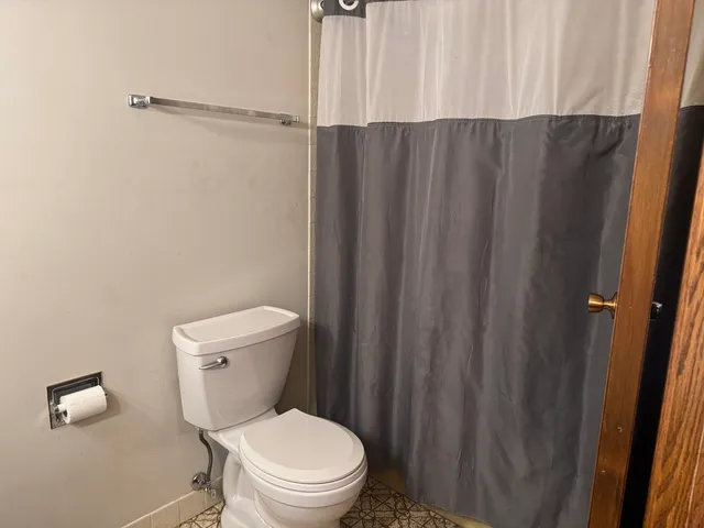 a white toilet sitting next to a shower curtain