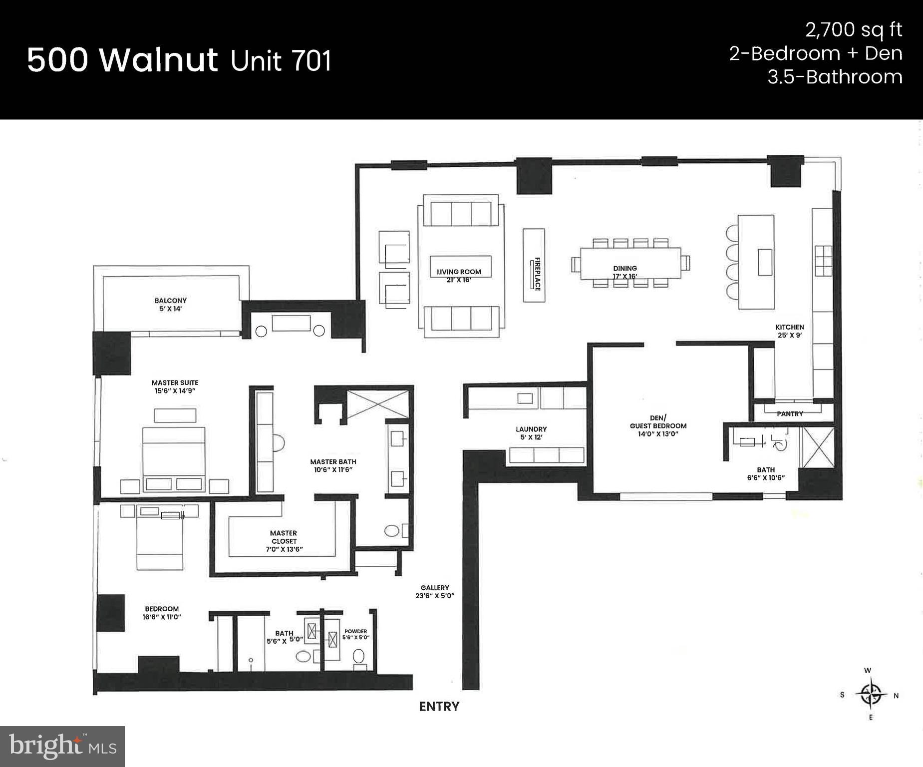 500 Walnut Street, Unit 701 Philadelphia, PA 19106 - Photo 32 of 32 a black and white photo of a floor plan