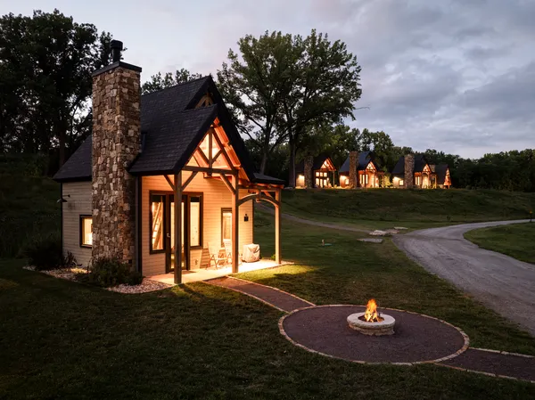 a swimming pool with an outdoor seating