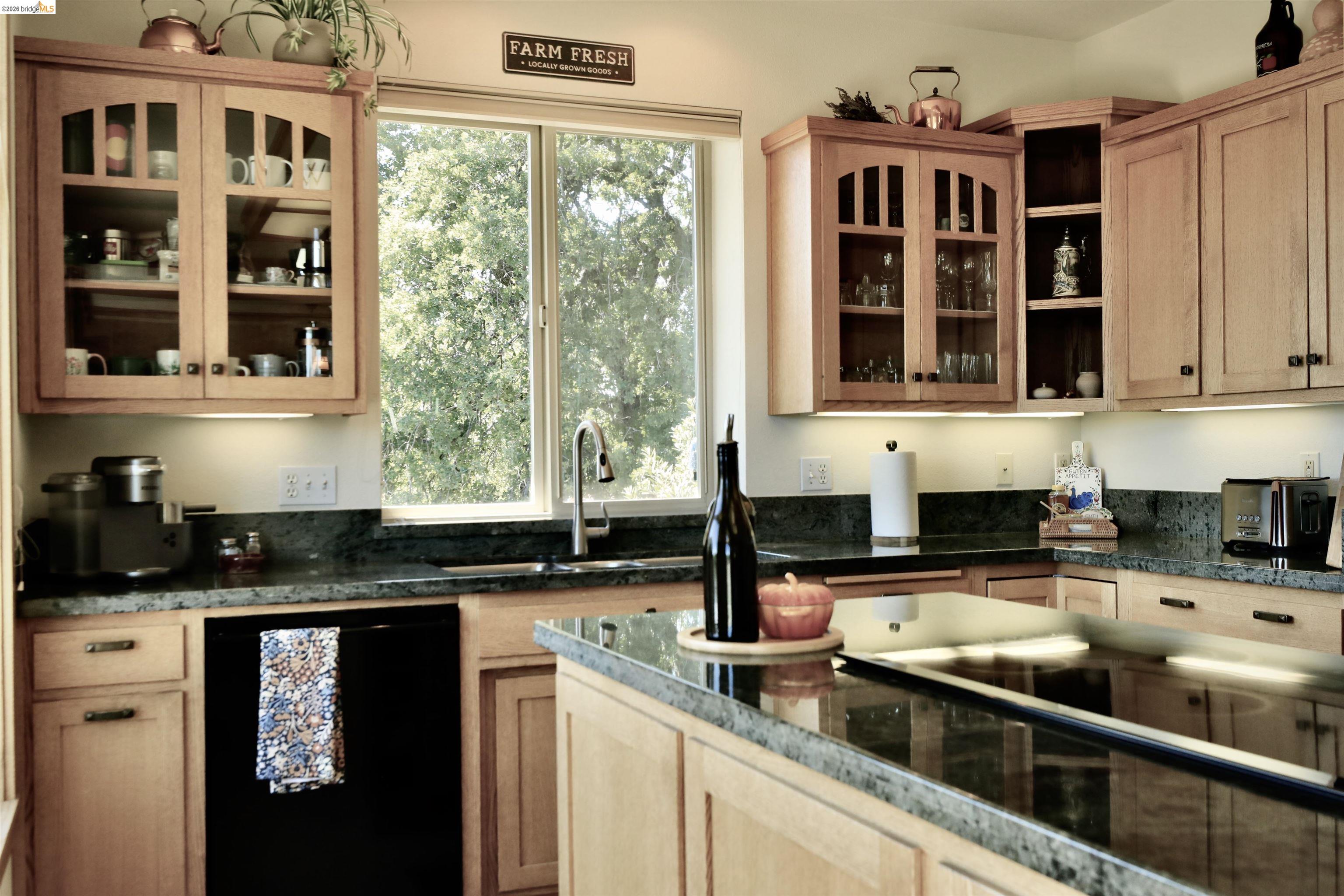 18288 Lambert Lake Road Sonora, CA 95370 - Photo 11 of 55 Kitchen with glass insert cabinets, light wood finish cabinetry, and dishwasher