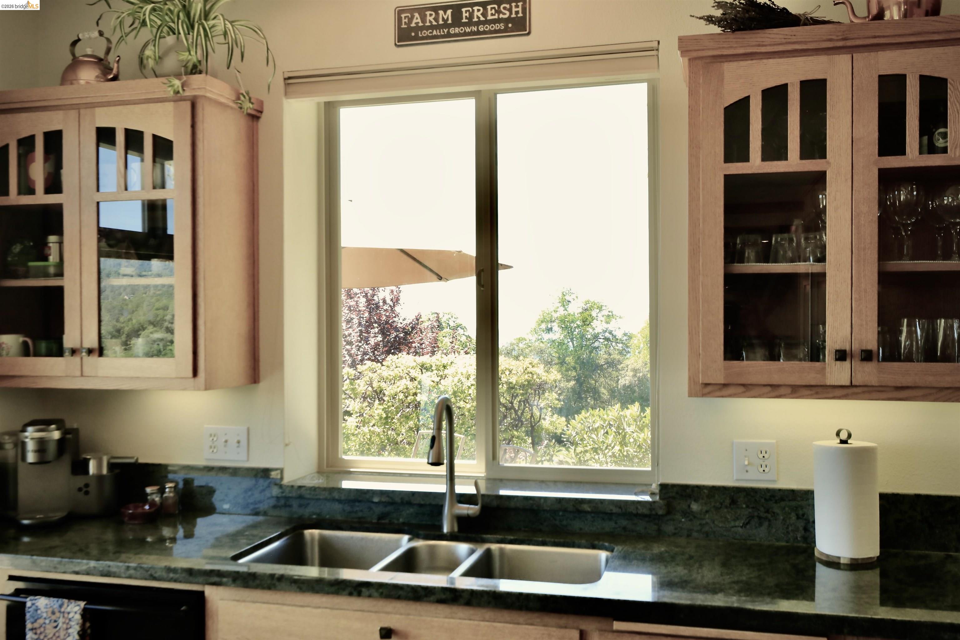 18288 Lambert Lake Road Sonora, CA 95370 - Photo 17 of 55 Kitchen with glass fronted cabinets, dark stone countertops, and dishwasher