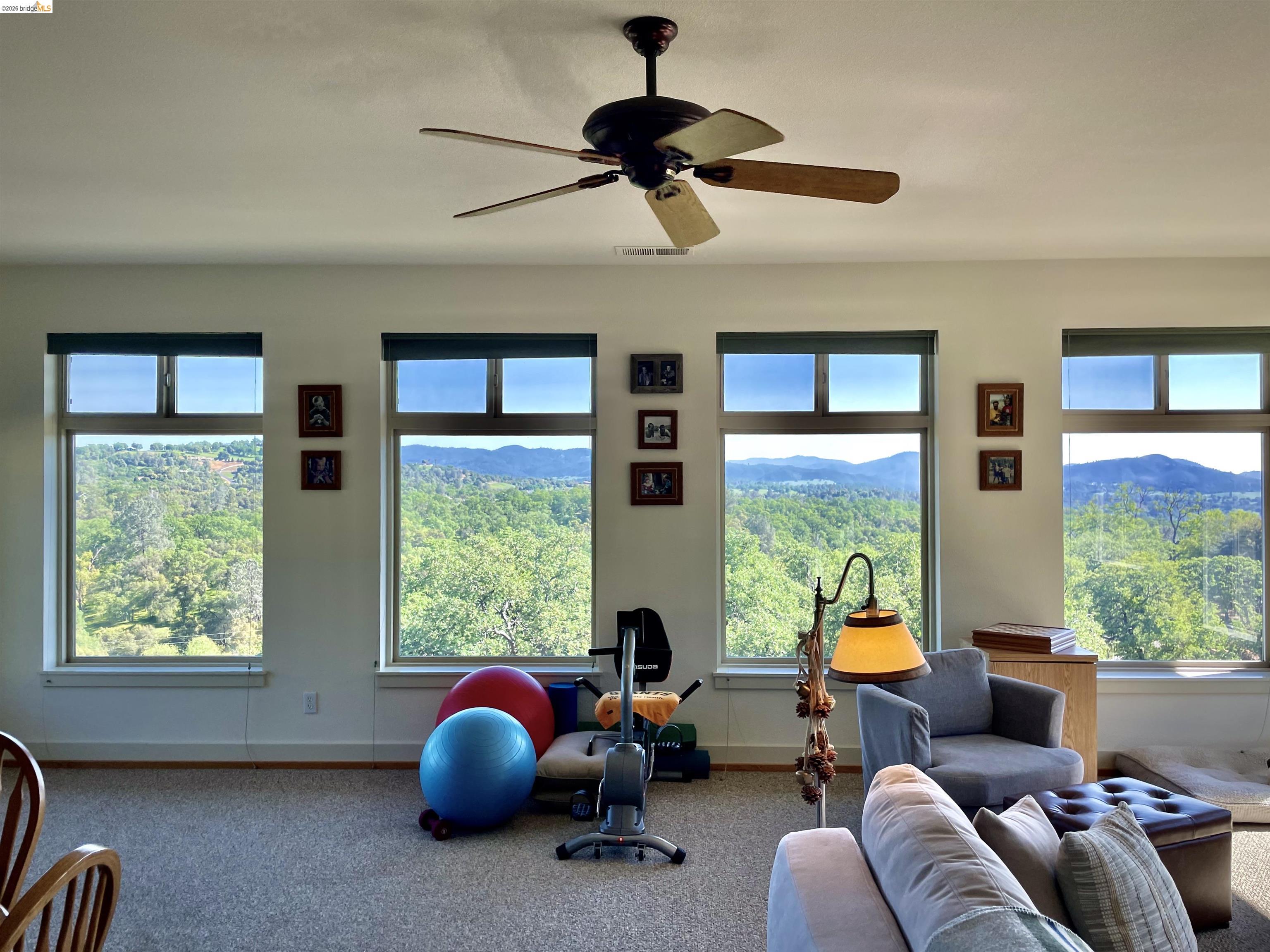 18288 Lambert Lake Road Sonora, CA 95370 - Photo 33 of 55 Living room featuring carpet, a mountain view, and a ceiling fan