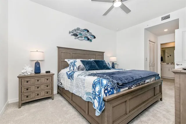 a view of a park with large trees