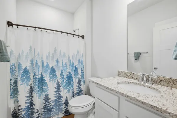 a bathroom with a granite countertop sink toilet and shower