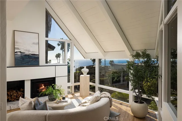 a living room with furniture and a potted plant