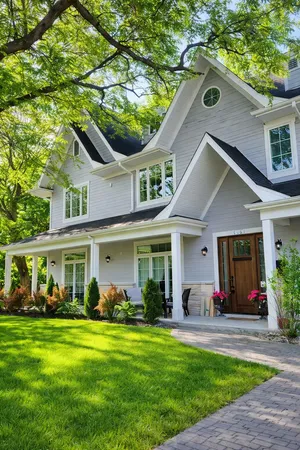 a front view of house with yard and outdoor seating
