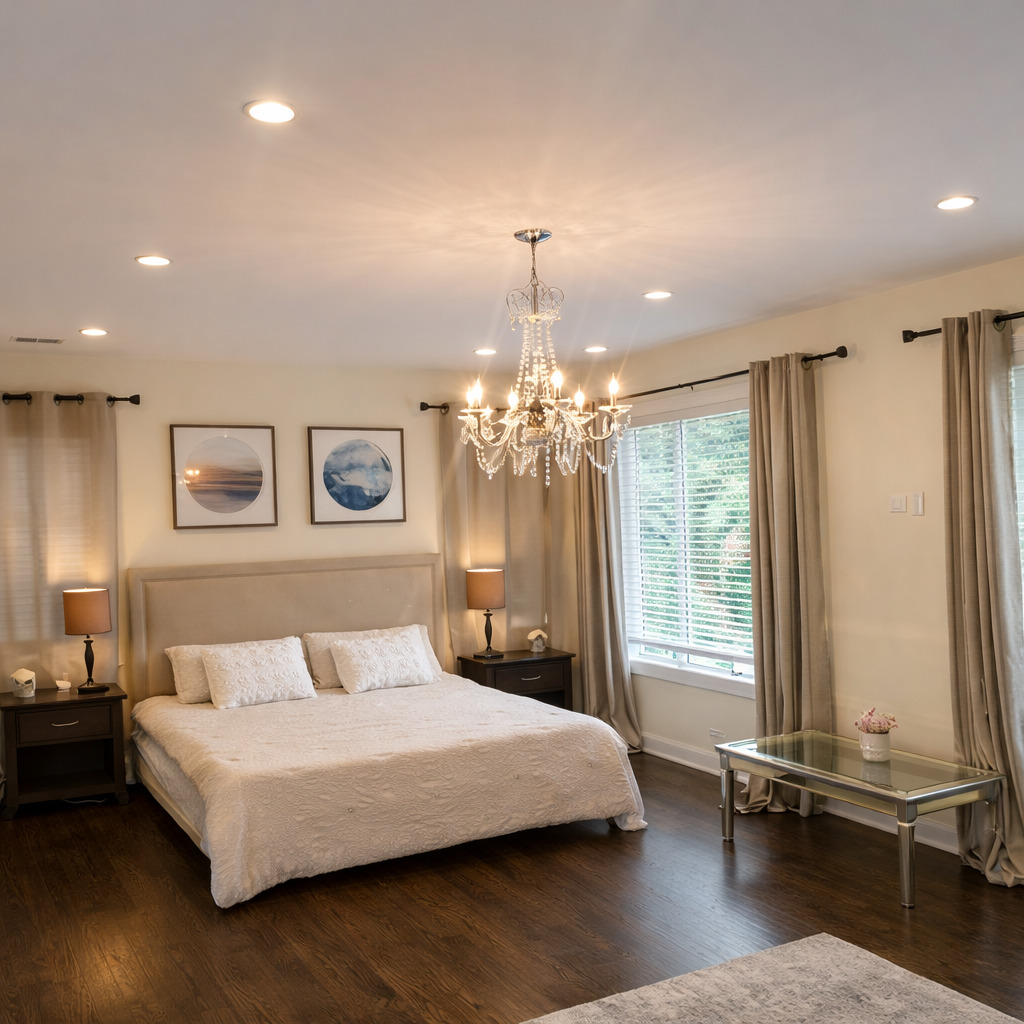 3101 Sprucewood Road Wilmette, IL 60091 - Photo 5 of 10 a bedroom with a large bed and a chandelier