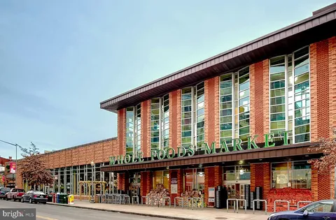 a view of a building with a large window