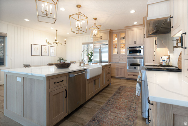 382 Ridgeview Street, Unit 8 & 9 Brian Head, UT 84719 - Photo 11 of 52 Spacious kitchen featuring an expansive center island with an integrated farmhouse sink, light wood-finish cabinetry, stainless steel appliances, and wood-finish flooring