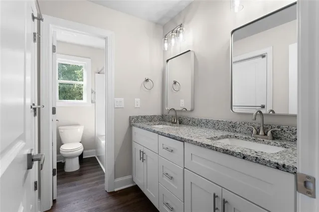 a bathroom with a granite countertop sink a toilet and a large mirror