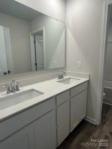 a bathroom with a double vanity sink and mirror