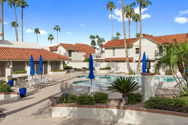 a front view of a building with street view