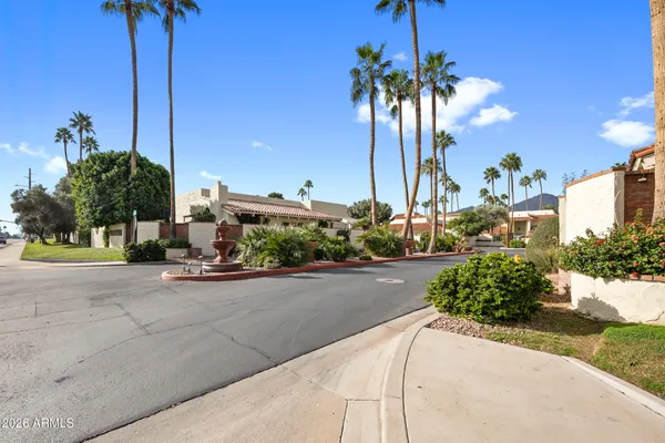 a view of a garden with a street