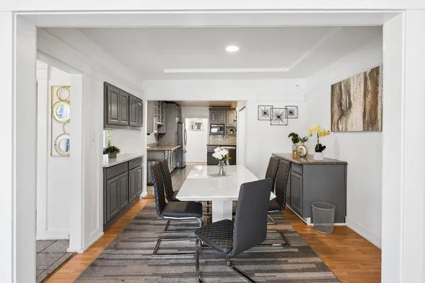 a view of a dining room with furniture