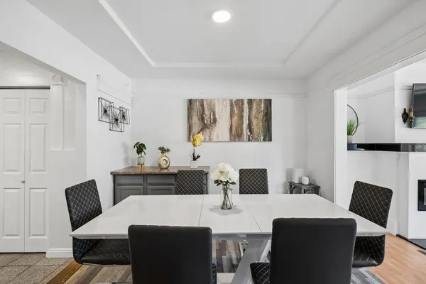 a view of a dining room with furniture