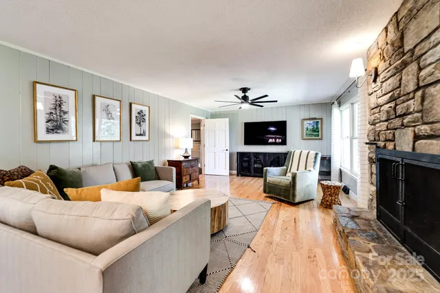 a living room with fireplace furniture and a flat screen tv
