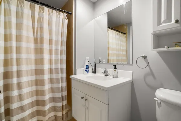 a bathroom with a sink a toilet a mirror and shower curtain