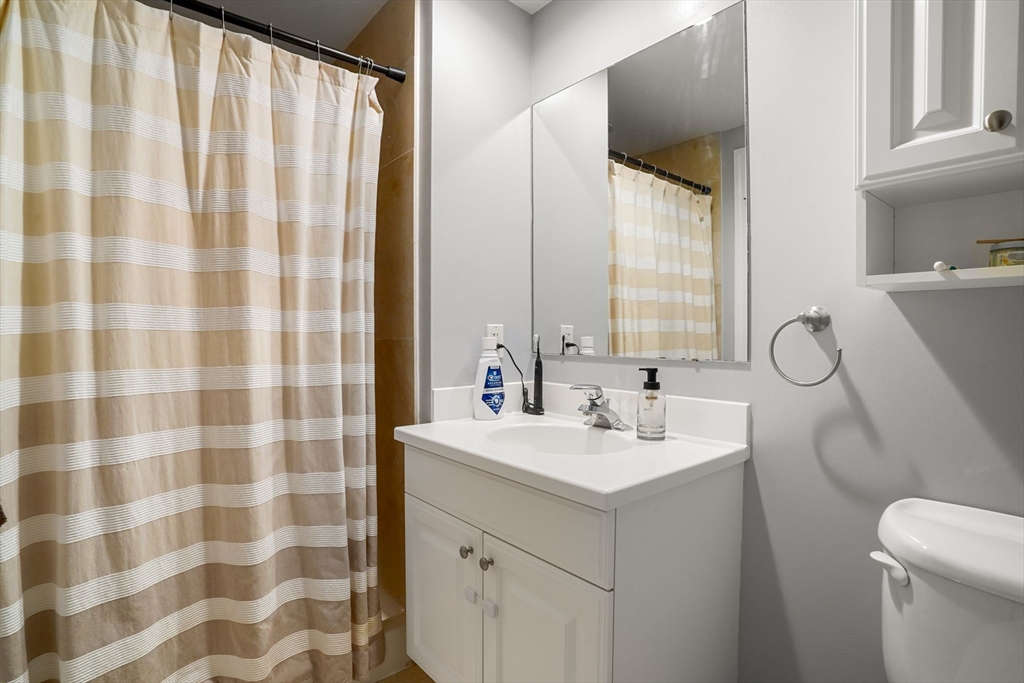 65 Chelsea Street, Unit 305 Boston, MA 02129 - Photo 18 of 30 a bathroom with a sink a toilet a mirror and shower curtain