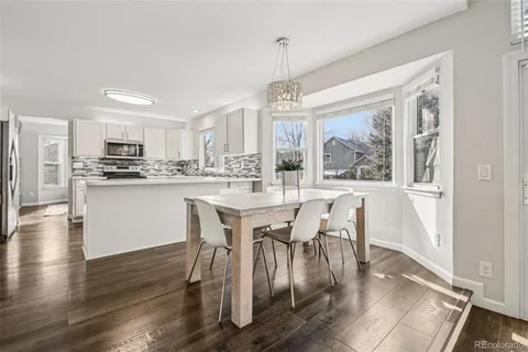 a view of a dining room with furniture window and wooden floor