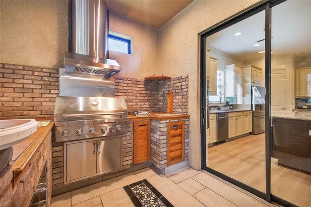 a backyard of a house with lots of green space and fountain