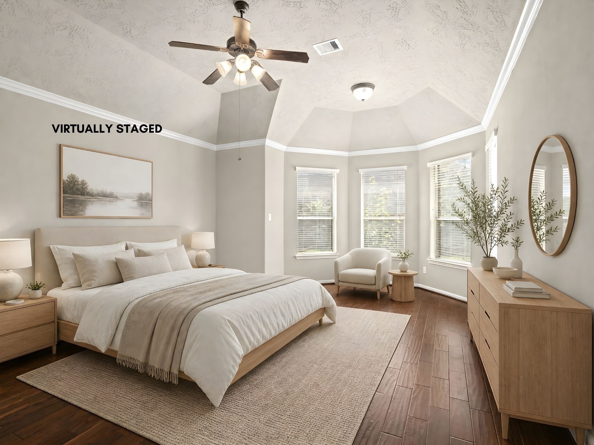 5307 Amber Sky Lane Rosharon, TX 77583 - Photo 22 of 50 Retreat to the expansive primary suite, where rich wood flooring, soaring ceilings, a ceiling fan, and elegant double doors create a serene private sanctuary.