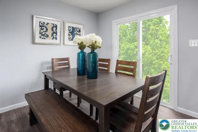 a view of a dining room with furniture window and wooden floor