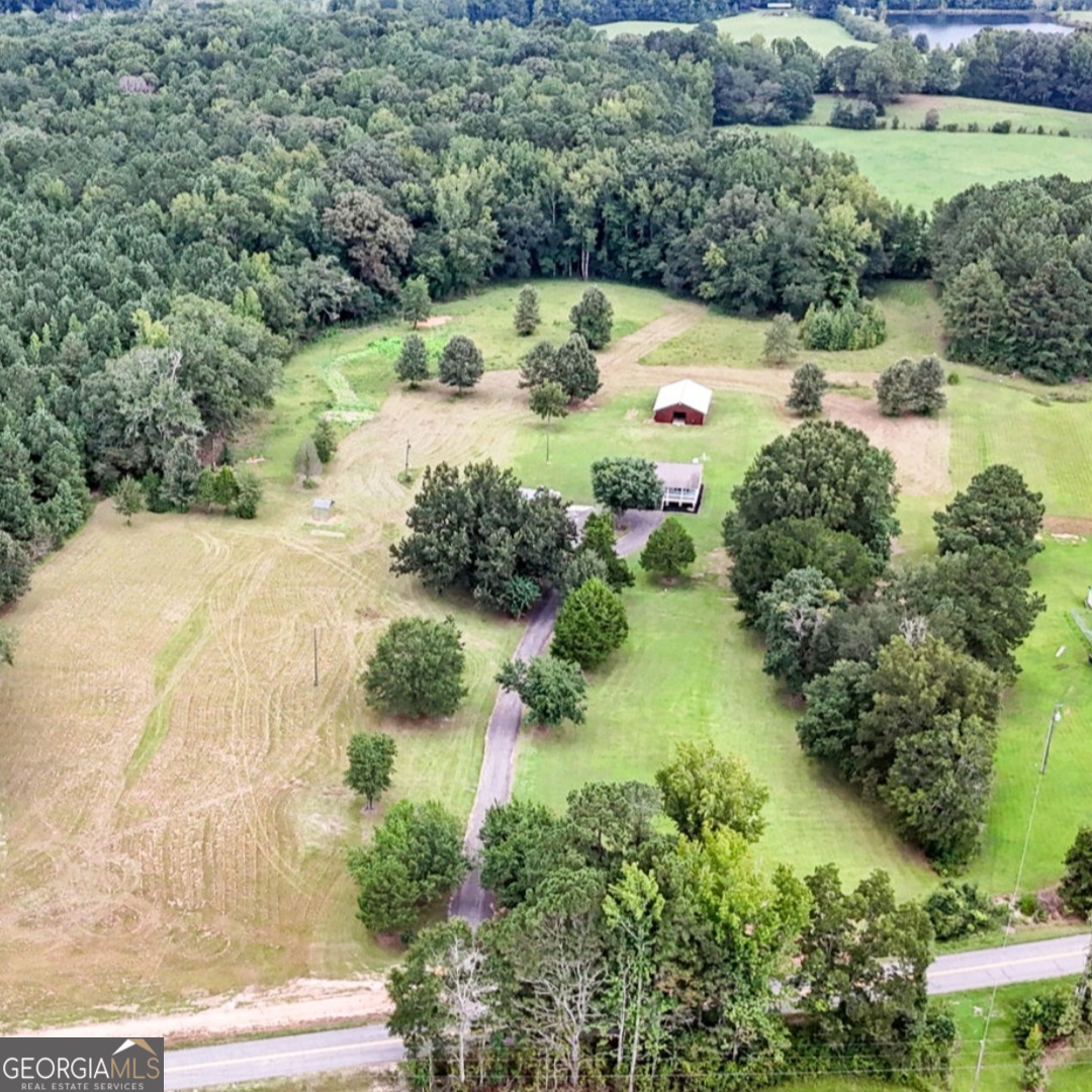 an aerial view of garden with swimming pool