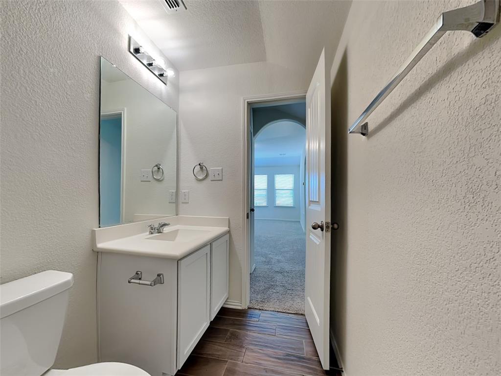 506 Robinson Way Fate, TX 75189 - Photo 23 of 30 Bathroom featuring a textured wall, vanity, wood tiled floors, and a textured ceiling