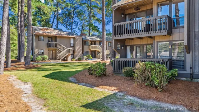 a view of a backyard with plants and large trees