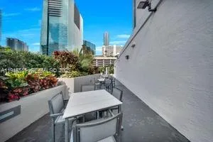 a view of a porch with seating space