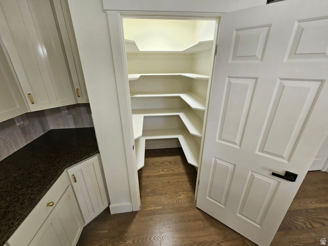 812 East Bates Cyn Road Tooele, UT 84074 - Photo 25 of 144 Walk-in pantry with extensive corner shelving, hardwood flooring, and a six-panel door