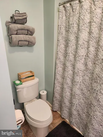 a white toilet sitting next to a shower curtain