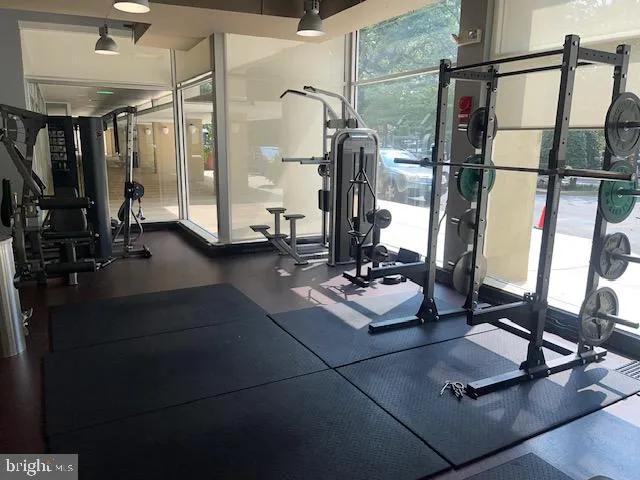 a room with gym equipment and a floor to ceiling window