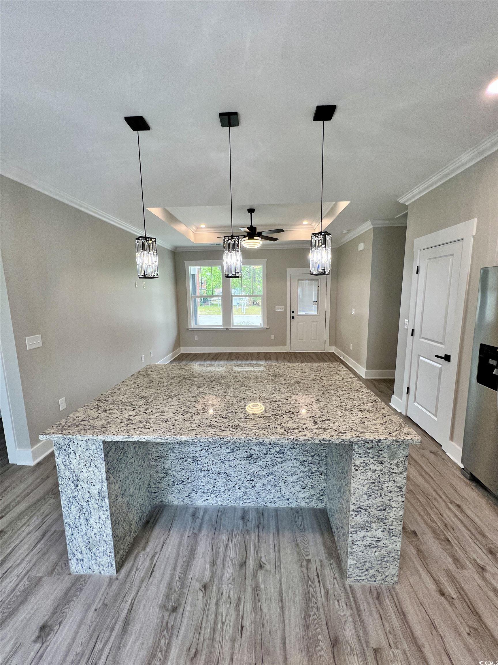 1795 Hemingway Street Conway, SC 29527 - Photo 6 of 29 Kitchen featuring a raised ceiling, light stone counters, ornamental molding, pendant lighting, and ceiling fan